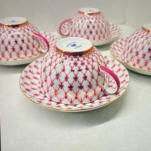 Set Of 8 Lomonosov Pink Luska Imperial Porcelain Rose Net Pink Gold Rare